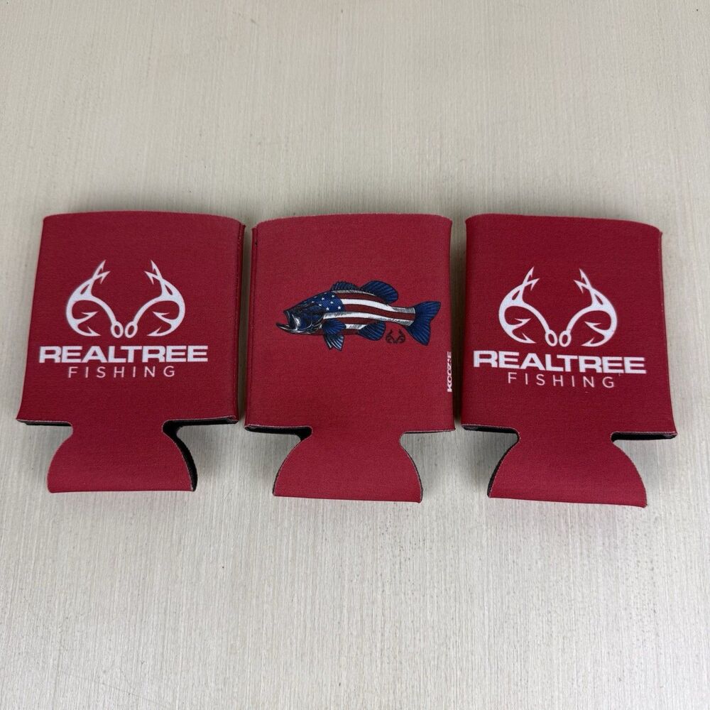 Realtree Fishing Koozie Set Of 3 American Flag Large Mouth Bass Logo Beer